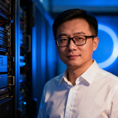 华体会联合创始人兼CTO张宇恒，一位戴着黑框眼镜、身穿白色衬衫的40岁男性技术领袖，背景是数据机房的蓝色光晕