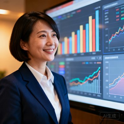 华体会首席数据科学家林婉清，一位留着短发、笑容自信的35岁女性，身穿深蓝色西装，站在大屏幕数据分析面板前